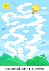 Help the hot-air balloon finding the way to the hill on the clouds, labyrinth cartoon vector illustration