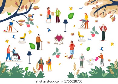 Help in house work for elderly people, vector illustration. Social worker with senior man woman, service for retirement. Volunteer character make purchases, sweep, wash, carry man in wheelchair.