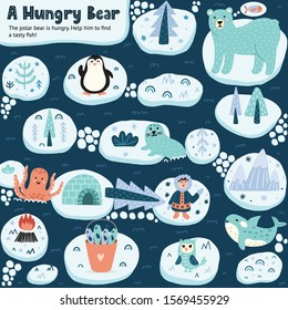 Help a hungry bear to find a tasty fish. Funny labyrinth game for kids. Find a path maze activity for children. Animals of North Pole, Antarctica. Vector illustration