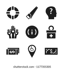 help icon. 9 help vector icons set. handsaw, disabled pin and hands with hearts icons for web and design about help theme