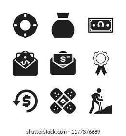 help icon. 9 help vector icons set. money, band aid and insignia and ribbon icons for web and design about help theme