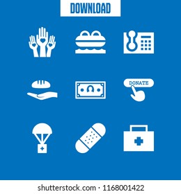 help icon. 9 help vector set. money, hands with hearts, first aid kit and lifeboat icons for web and design about help theme