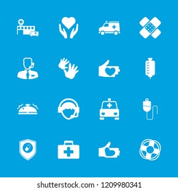 Help icon. collection of 16 help filled icons such as hand with heart, first aid kit, operator, ambulance, health insurance, bell. editable help icons for web and mobile.