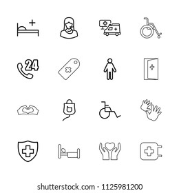 Help icon. collection of 16 help outline icons such as 24 hours support, man, medical sign, customer support, drop counter. editable help icons for web and mobile.