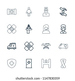 Help icon. collection of 16 help outline icons such as airport desk, aid post, hands holding heart, ambulance, bandage, nurse, ribbon. editable help icons for web and mobile.