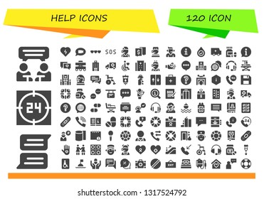 help icon set. 120 filled help icons.  Simple modern icons about  - Chat, Support, Defibrillator, Life, Sos, Call center, Information, Blood, Ambulance, Pills, Walker, Hospital