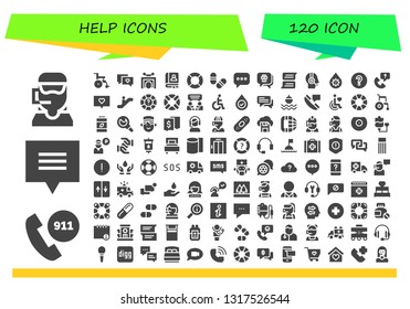 help icon set. 120 filled help icons.  Collection Of - Call center, Emergency call, Chat, Wheelchair, Trick, Faq, Lifeguard, Pills, Customer service, Blood, Question mark, Call