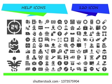 help icon set. 120 filled help icons.  Simple modern icons about  - Support, Caduceus, Call center, Transfusion, Elevator, Blood transfusion, Info, Manual, Chat, Customer service