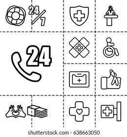 Help icon. set of 13 outline helpicons such as disabled, airport desk, medical cross, medical sign, bandage, heart tag, medical kit, injured finger, lifebuoy