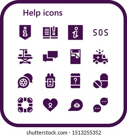 help icon set. 16 filled help icons.  Simple modern icons about  - Information, Manual, Sos, Hospitalization, Chat, Bed, Ambulance, Blood, Customer service, Pills, Lifebuoy, Cancer