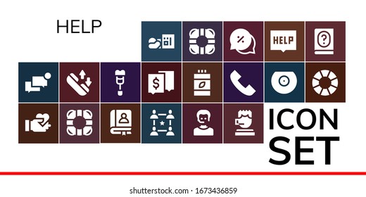 help icon set. 19 filled help icons.  Simple modern icons such as: Homeless, Chat, Give love, Lifebuoy, Faq, Community, Operator, Call center, Phone call, Crutch, Vitamins, Breast