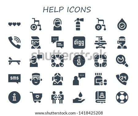 help icon set. 30 filled help icons.  Simple modern icons about  - Life, Wheelchair, Support, Extinguisher, Blood, Call, Call center, Chat, Digg, Hospitalization, Stretcher, Lifesaver