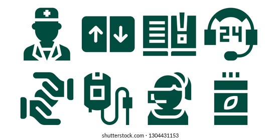 help icon set. 8 filled help icons.  Simple modern icons about  - Solidarity, Doctor, Blood bag, Elevator, Call center, Manual, Vitamins, Support