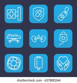 Help icon. set of 9 outline help icons such as medical cross, drop counter, kidney, health insurance, hospital stretch, lifebuoy