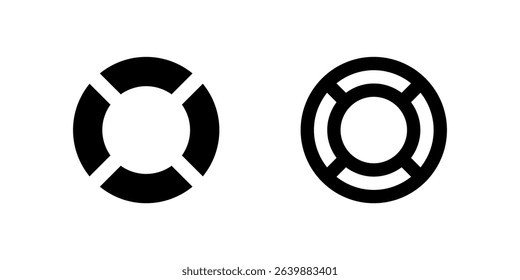 Help Icon Set. A black glyph and outline icon of a lifebuoy mark, indicating help or support.