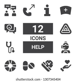 help icon set. Collection of 12 filled help icons included Give love, Service, Pills, Lifesaver, Call center, Phonendoscope, Flood, Phone call, Nurse, Chat, Information