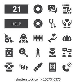 help icon set. Collection of 21 filled help icons included Phone call, Wanted, Vials, Ambulance, Chatting, Chat, Call center, Lifeguard, Blood, Give love, Pills, Psychologist