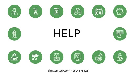 help icon set. Collection of Nurse, Doctor, Pills, First aid kit, Defibrillator, Lifeguard, Hospital, Stretcher, Life jacket, Service, Insurance, Lifeguard chair, Braille icons