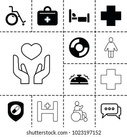 Help icons. set of 13 editable filled and outline help icons such as first aid kit, bell, lifebuoy, chat, disabled, bed, man, hand with heart, medical cross, health insurance