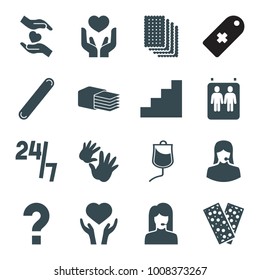 Help icons. set of 16 editable filled help icons such as heart on hand, bandage, customer support, hands holding heart, drop counter, stair, elevator, baby hands