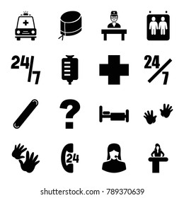 Help icons. set of 16 editable filled help icons such as airport desk, baby hands, 24 hours support, question, drop counter, bed, customer support, nurse hat, medical cross