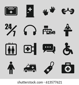 Help icons set. set of 16 help filled icons such as elevator, disabled, airport desk, aid post, baby hands, medical cross, medical cross tag, kidney, headset, medical kit