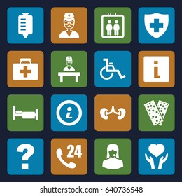 Help icons set. set of 16 help filled icons such as elevator, first aid kit, drop counter, bed, kidney, heart on hand, medical sign, bandage, customer support, doctor