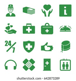 Help icons set. set of 16 help filled icons such as elevator, aid post, first aid kit, heart on hand, medical sign, bandage, hand holding heart, hand with heart, headset