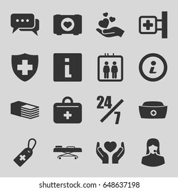 Iconos de ayuda definidos. conjunto de 16 íconos rellenos de ayuda como ascensor, maletín con corazón, cruz médica, cruz médica, signo médico, venda, apoyo al cliente, manos con corazón
