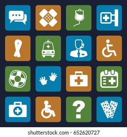 Help icons set. set of 16 help filled icons such as disabled, baby hands, ribbon, first aid kit, medical cross, bandage, drop counter, ambulance, medical appointment