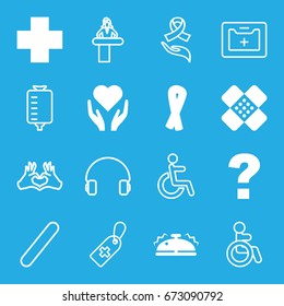 Help icons set. set of 16 help filled and outline icons such as ribbon, medical cross, bandage, bell, disabled, airport desk, medical cross tag, drop counter, heart tag