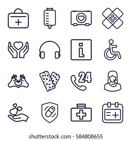 help icons set. Set of 16 help outline icons such as case with heart, first aid kit, drop counter, disabled, bandage, customer support, hands holding heart, headset
