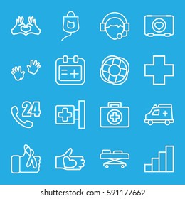help icons set. Set of 16 help outline icons such as baby hands, case with heart, medical cross, heart tag, hand with heart, operator, drop counter, injured finger, ambulance