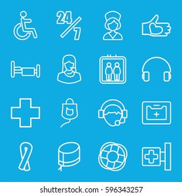 help icons set. Set of 16 help outline icons such as elevator, ribbon, medical cross, bed, disabled, customer support, hand with heart, headset, operator, medical kit