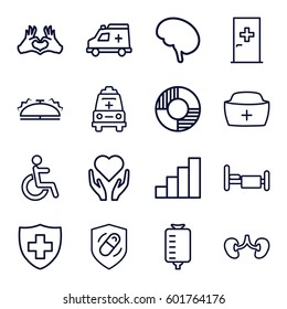 help icons set. Set of 16 help outline icons such as aid post, drop counter, bed, kidney, disabled, medical sign, heart tag, nurse hat, ambulance, health insurance, doctor