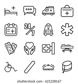 Help icons set. set of 16 help outline icons such as medical cross, medical sign, bandage, nurse hat, ambulance, first aid kit, hospital stretch, wheel chair, bell, chat