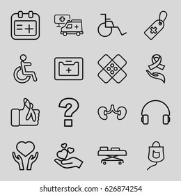 Help icons set. set of 16 help outline icons such as medical cross tag, kidney, heart on hand, disabled, hand holding heart, headset, medical kit, drop counter, injured finger