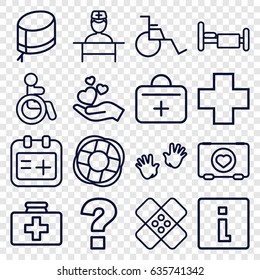 Help icons set. set of 16 help outline icons such as disabled, baby hands, case with heart, first aid kit, bed, hand holding heart, nurse hat, medical cross, doctor, bandage