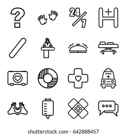 Help icons set. set of 16 help outline icons such as airport desk, baby hands, case with heart, drop counter, heart tag, hospital, ambulance, bandage, hospital stretch, bell