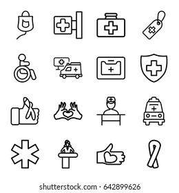 Help icons set. set of 16 help outline icons such as disabled, airport desk, ribbon, first aid kit, medical cross, medical cross tag, heart tag, hand with heart, drop counter