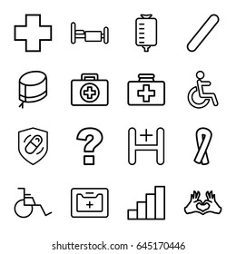 Help icons set. set of 16 help outline icons such as ribbon, first aid kit, drop counter, bed, disabled, heart tag, medical kit, nurse hat, hospital, medical cross