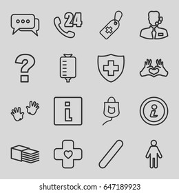 Help icons set. set of 16 help outline icons such as baby hands, medical cross tag, drop counter 