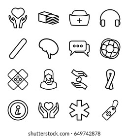 Help icons set. set of 16 help outline icons such as ribbon, medical cross tag, heart on hand, medical sign, bandage, customer support, hands holding heart, headset, nurse hat
