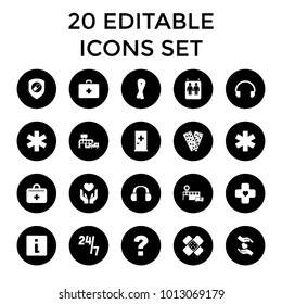 Help icons. set of 20 editable filled help icons such as aid post, ribbon, info, question, medical sign, bandage. best quality help elements in trendy style.