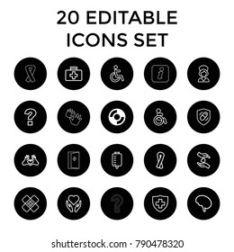 Help icons. set of 20 editable outline help icons such as lifebuoy, disabled, ribbon, question, hand with heart, first aid kit. best quality help elements in trendy style.