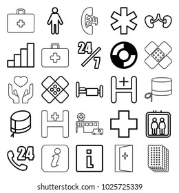 Help icons. set of 25 editable outline help icons such as lifebuoy, elevator, 24 hours support, info, man, bed, kidney, medical sign, nurse hat, hospital, medical cross