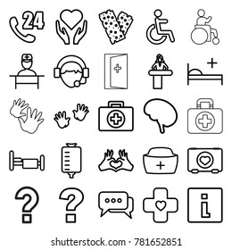 Help icons. set of 25 editable outline help icons such as airport desk, baby hands, 24 hours support, info, question, hand with heart, first aid, case with heart, drop counter