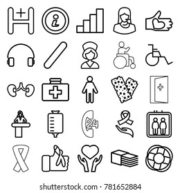 Help icons. set of 25 editable outline help icons such as elevator, airport desk, man, first aid kit, drop counter, kidney, heart on hand, bandage, customer support