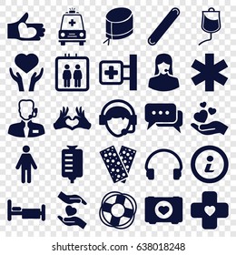 Help icons set. set of 25 help filled icons such as elevator, case with heart, medical cross, drop counter, bed, heart on hand, medical sign, bandage, customer support