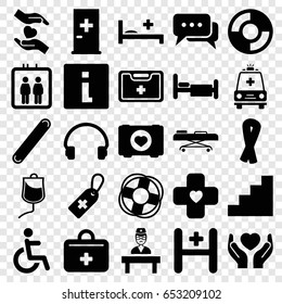 Help icons set. set of 25 help filled icons such as elevator, aid post, ribbon, case with heart, medical cross tag, bed, disabled, hands holding heart, headset, medical kit